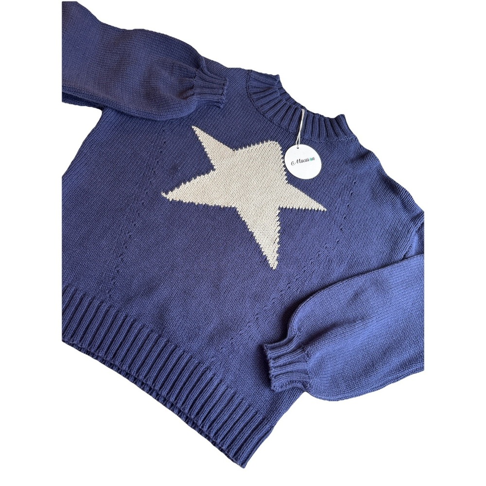 Macaron‎ Oversized Chunky Navy Star Cotton Cropped Sweater NWT, Women's Medium